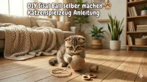 Süßes getigertes Kätzchen spielt mit einem selbstgemachten Sisal-Ball auf hellem Holzboden, DIY Katzenspielzeug Anleitung