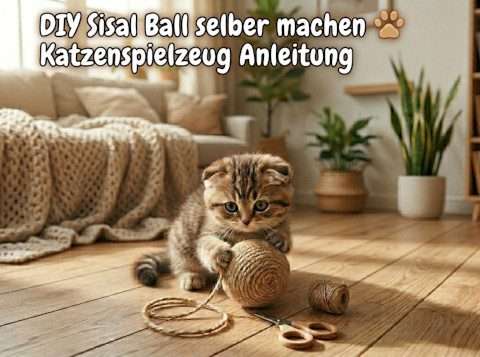 Süßes getigertes Kätzchen spielt mit einem selbstgemachten Sisal-Ball auf hellem Holzboden, DIY Katzenspielzeug Anleitung