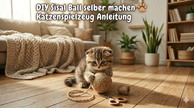 Süßes getigertes Kätzchen spielt mit einem selbstgemachten Sisal-Ball auf hellem Holzboden, DIY Katzenspielzeug Anleitung