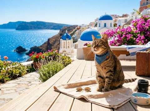 Katze entspannt auf Terrasse auf Santorini mit Blick auf das Meer