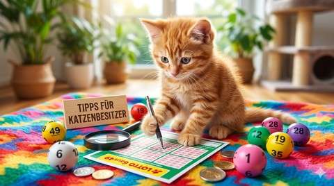 Eine süße Katze füllt konzentriert einen Lottoschein 6 aus 49 aus, umgeben von Lottokugeln.