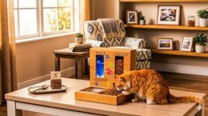 Katzenfutterautomat aus Holz selber bauen, mit Sichtfenster für Wasser und Futter.