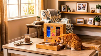 Katzenfutterautomat aus Holz selber bauen, mit Sichtfenster für Wasser und Futter.