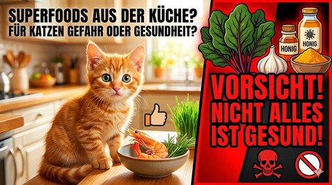 Infografik: Ein Kätzchen in der Küche, geteiltes Bild mit gesunden und giftigen Lebensmitteln.